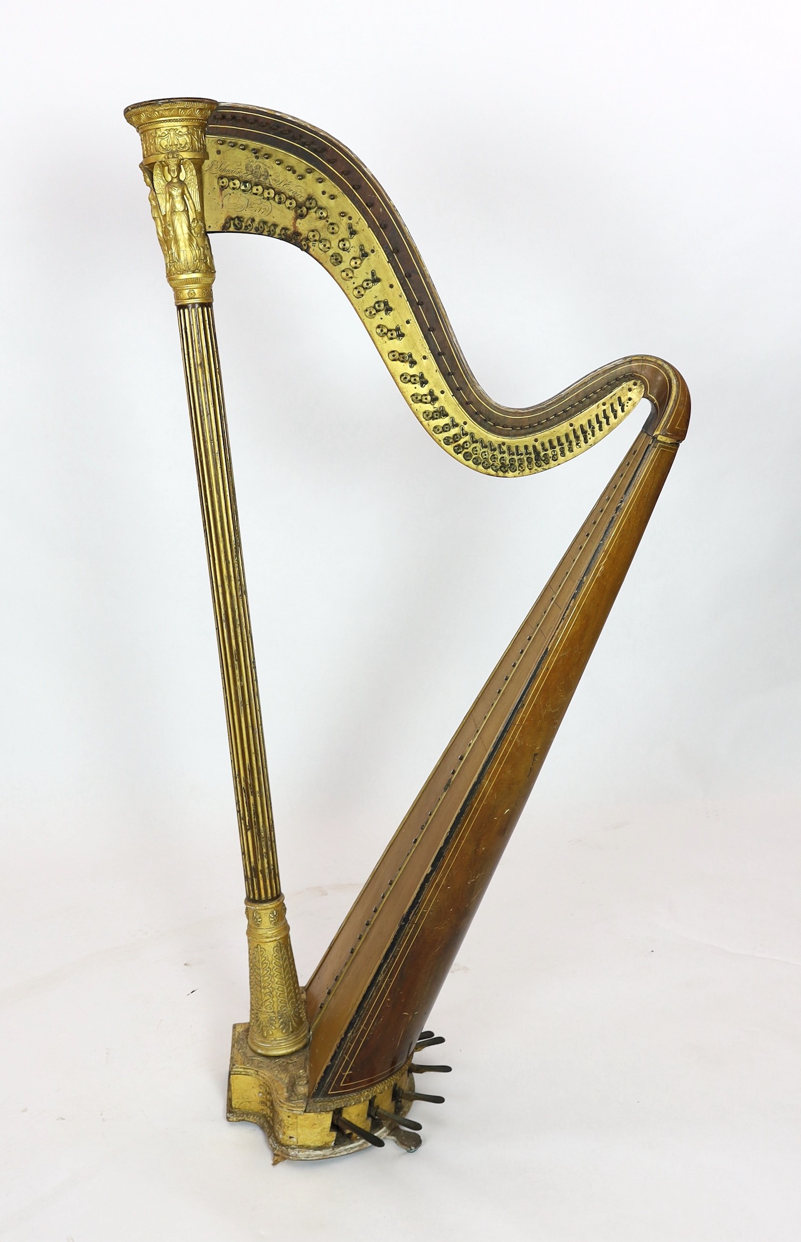 A mid 19th century J.Schwieso giltwood, satinwood and rosewood 'Grecian' concert harp, width 84cm, height 170cm.